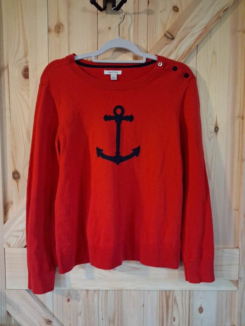 Nautica Anchor Sweater Women’s Large Red Nautical Knit Pullover Navy Coastal
